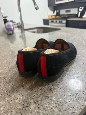 Del Toro Black Velvet Slip-On Loafers with Red Heel Stripe